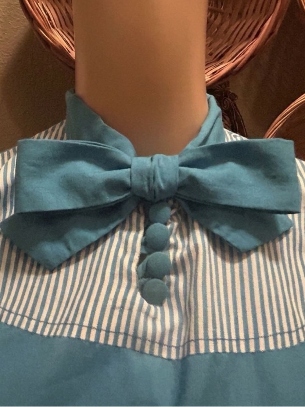 Blue Vintage-Long Sleeve Button Front house dress night gown button up neck tie - Picture 3 of 6